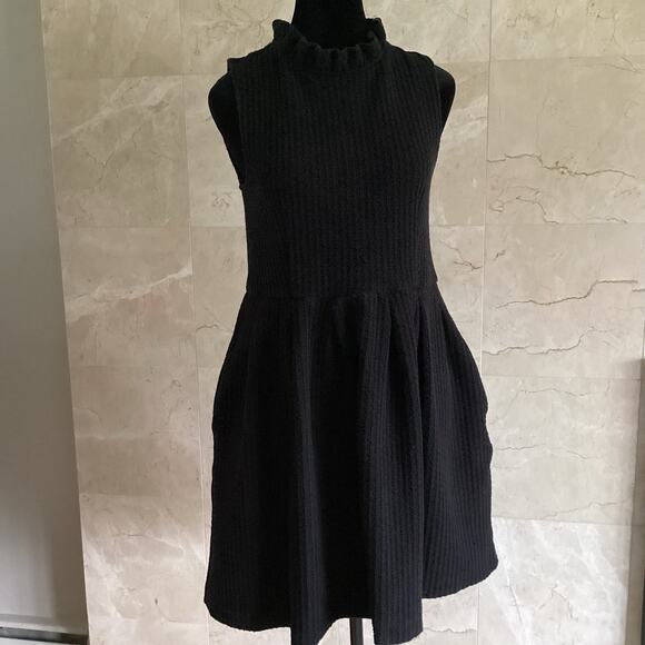 GANNI Pinnacle Mini Dress Medium Black Sleeveless Textured Mock Ruffle Neck Twee - Picture 5 of 14